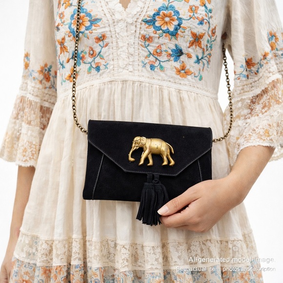 Source Unknown Handbags - 258. Black Suede Clutch with Gold Elephant Accent